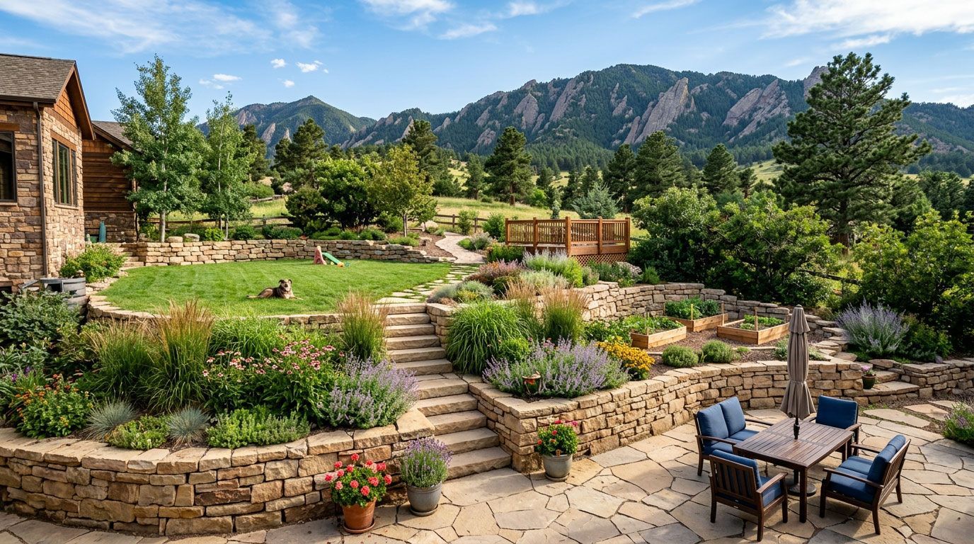 Stone patio and terraced garden with flowers, trees, mountain backdrop, and outdoor table and chairs