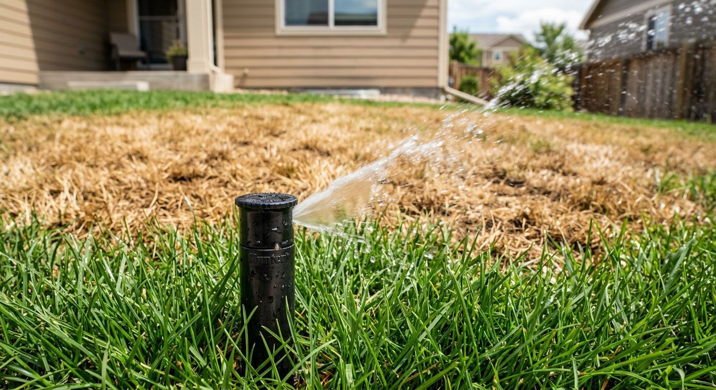 Sprinkler spraying water over a patchy lawn in front of a house