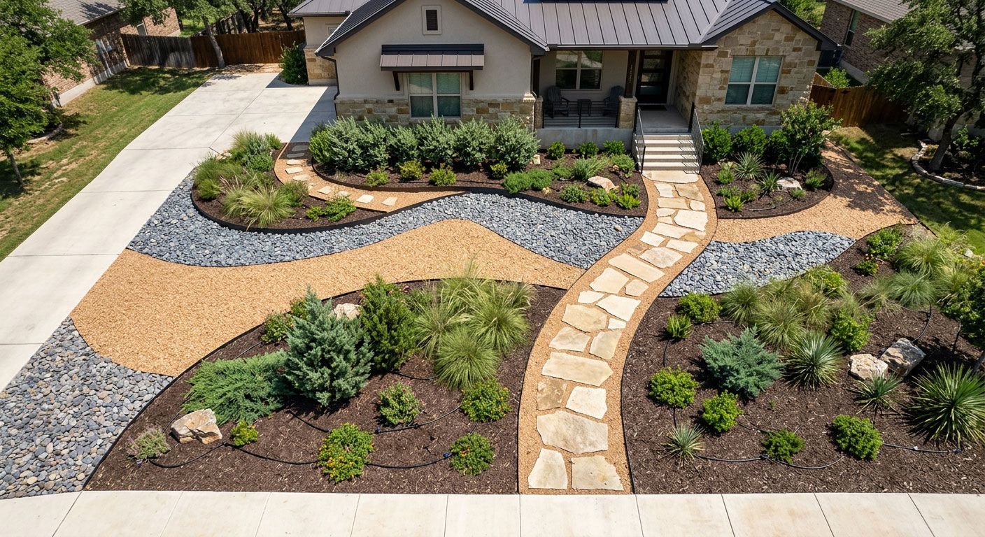 Front yard landscaping with a stone walkway, gravel beds, and shrubs leading to a house entrance.
