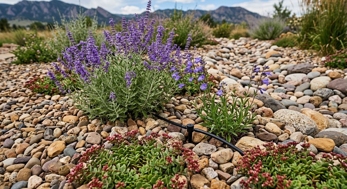 Purple wildflowers growing among pebbles with mountains in the background