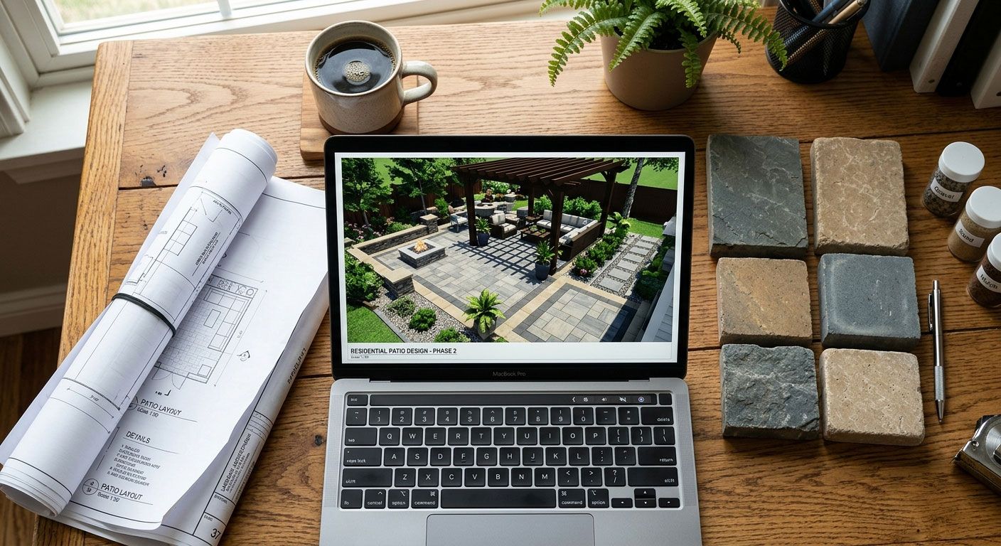 Desk with laptop, rolled blueprints, coffee, plant, and stone pavers arranged on a wooden table.