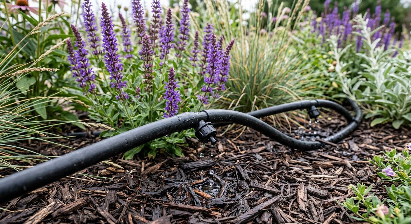 Black irrigation hose over mulch in a flower bed with purple blooms and green grass-like plants