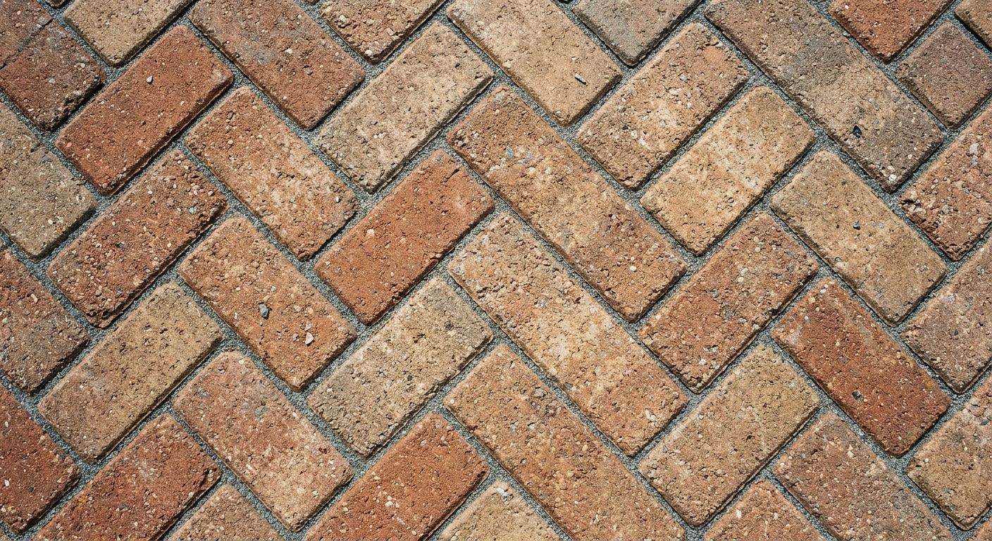 Brick herringbone pavement in tan, brown, and gray tones