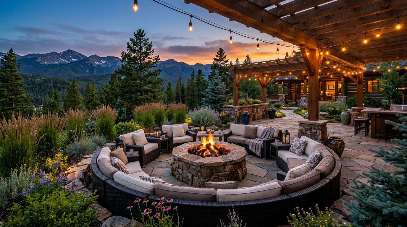 Cozy outdoor fire pit lounge under a covered patio at sunset, with mountain views and string lights