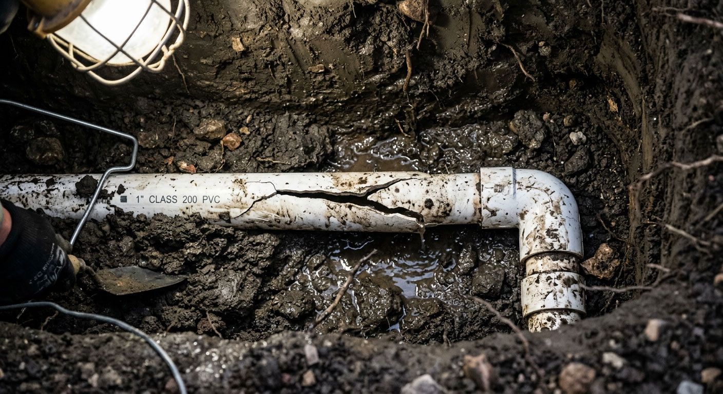 White PVC pipe with a 90-degree elbow exposed in muddy soil, partially surrounded by roots and dirt.