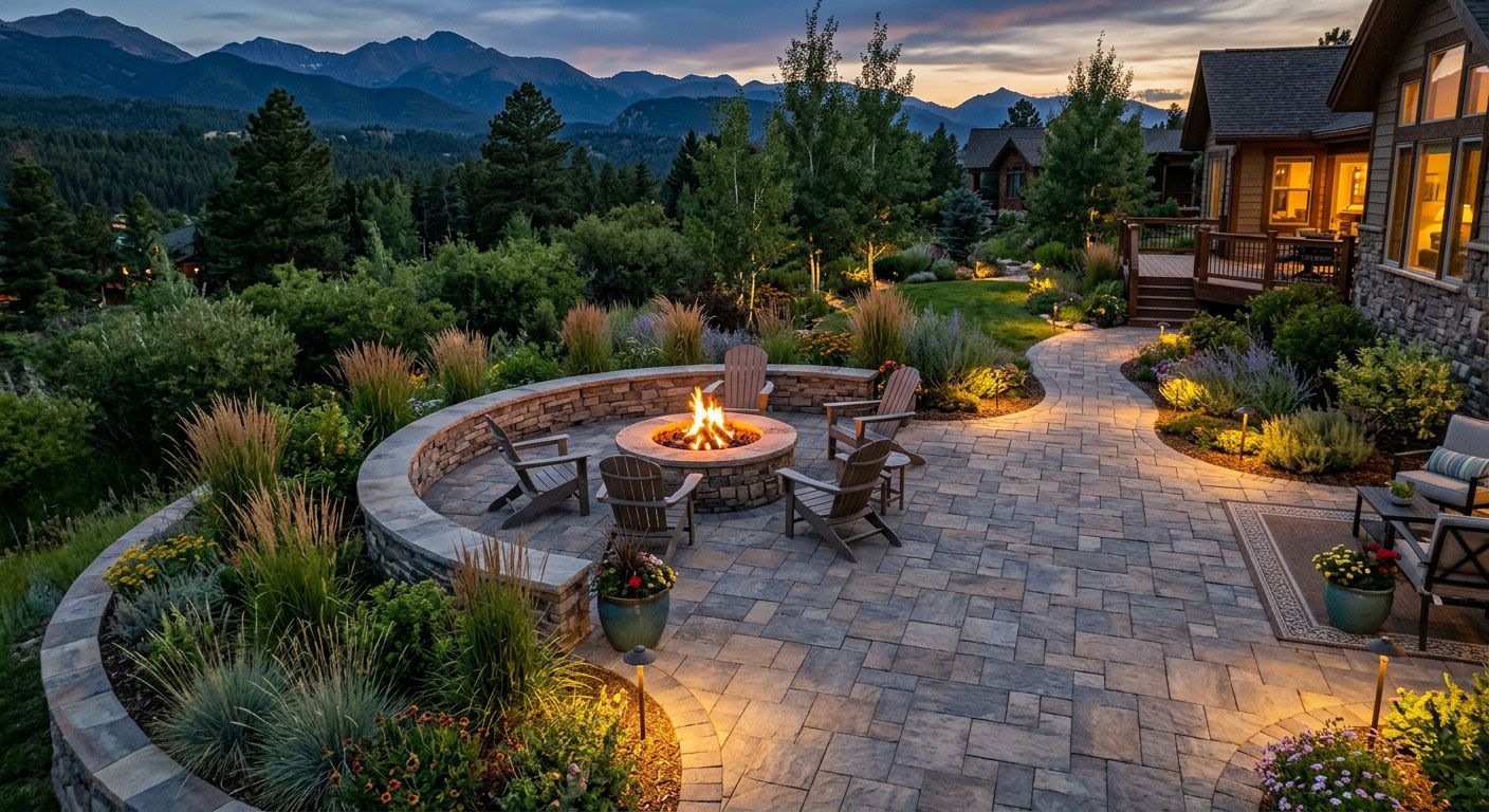 Stone patio with a glowing fire pit, outdoor seating, and a warmly lit house at dusk with mountain views