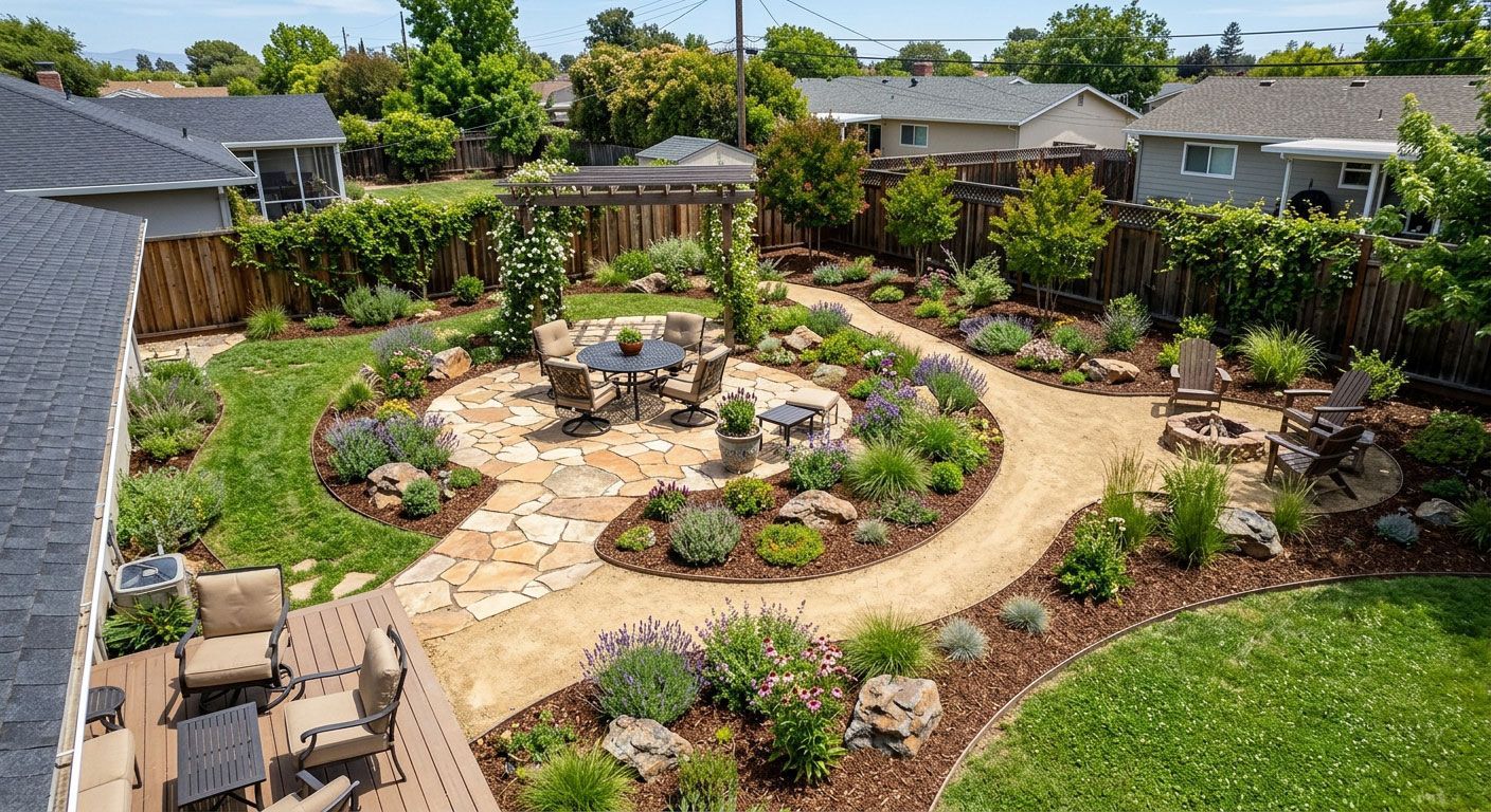 A landscaped backyard with a circular stone patio, curved pathways, and lush green shrubs and flowers.