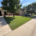 Landscaped yard with large rocks, red mulch, and a stone walkway beside a house