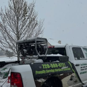 White pickup truck with green landscaping sign in snowy scene, parked by a bare tree.