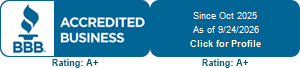 BBB Accredited Business badge with blue torch logo and rating A+ on a white background