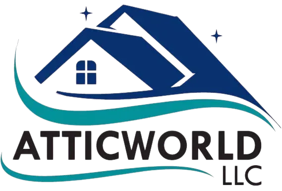 AtticWorld LLC logo with blue house roof, teal wave, and black company name