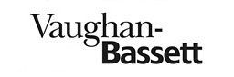 A black and white logo for vaughan bassett on a white background.