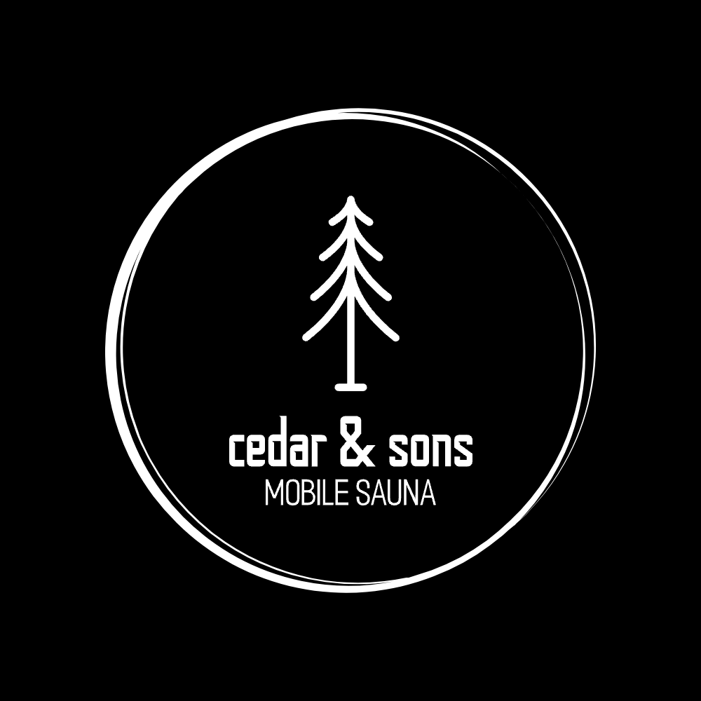 White outline of a pine tree and text 