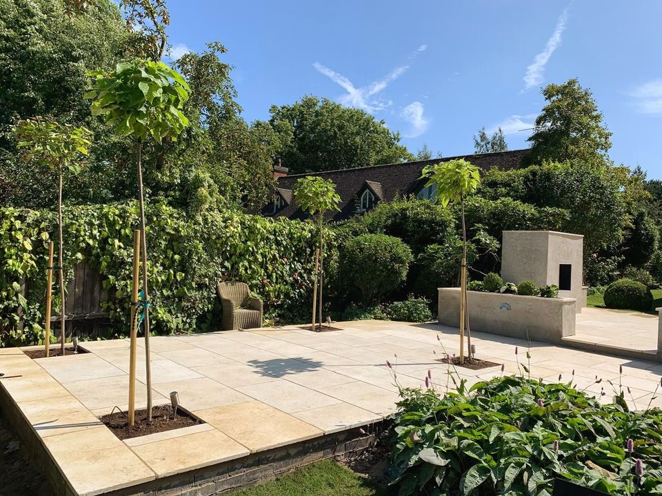 A patio with trees in the middle of it and a house in the background.