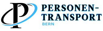 Logo für Personen-Transport Bern: ein schwarzes „P“ mit blauem Bogen; Text „PERSONEN-TRANSPORT“ und „BERN“.