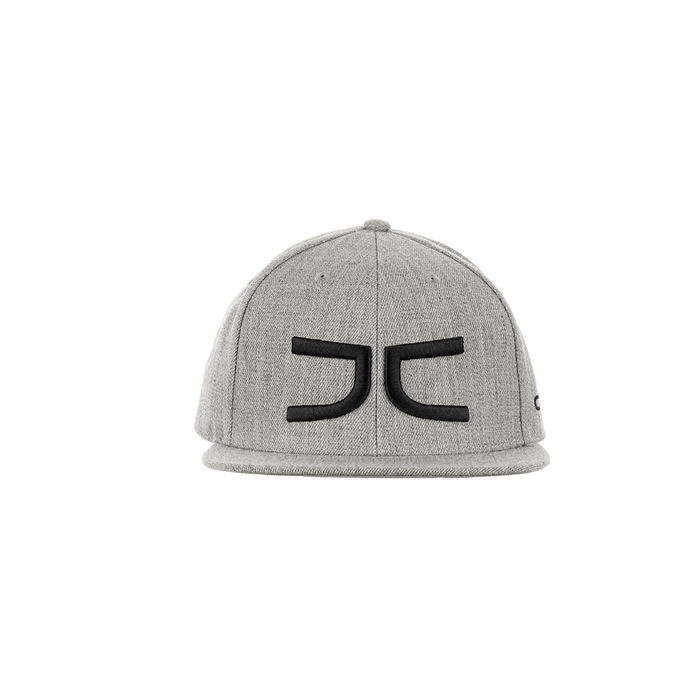 Gray baseball cap with a black stylized emblem on the front.