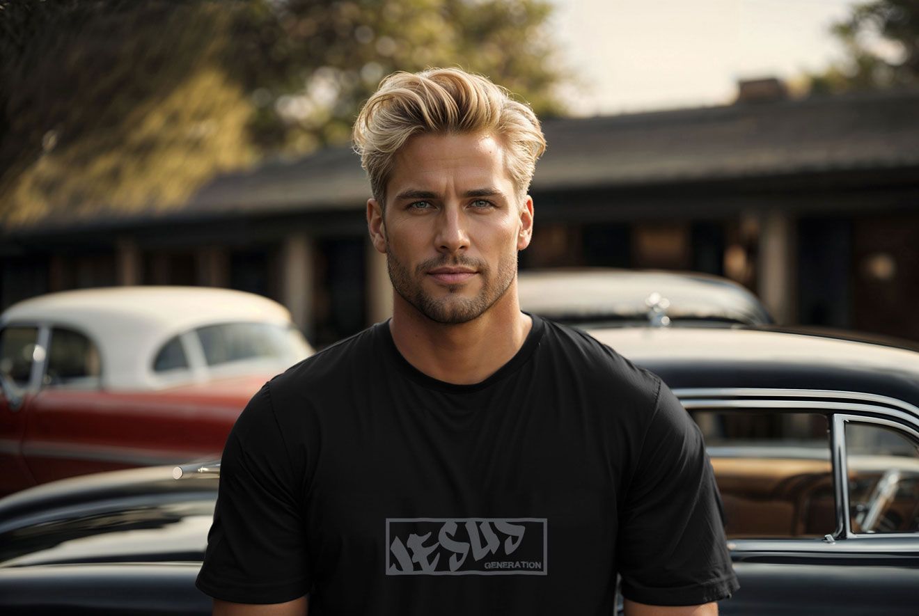 Blond man in black tee, standing by classic cars; outdoor setting.