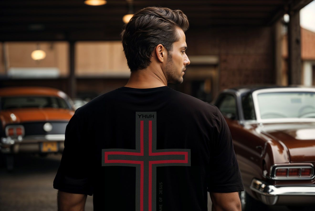 Man in black shirt with red cross emblem, standing near classic cars.