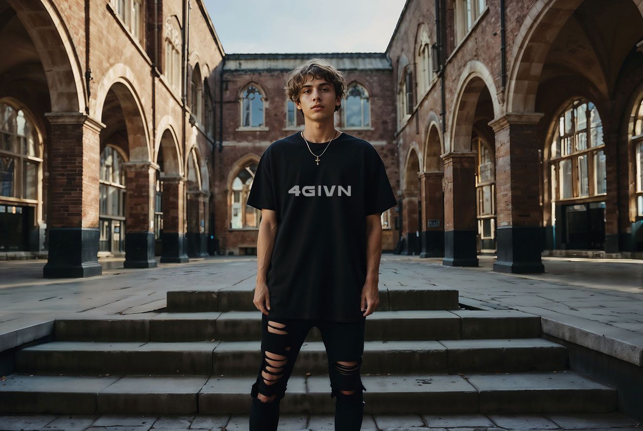 Young man wearing black shirt and ripped jeans, standing in a stone archway.