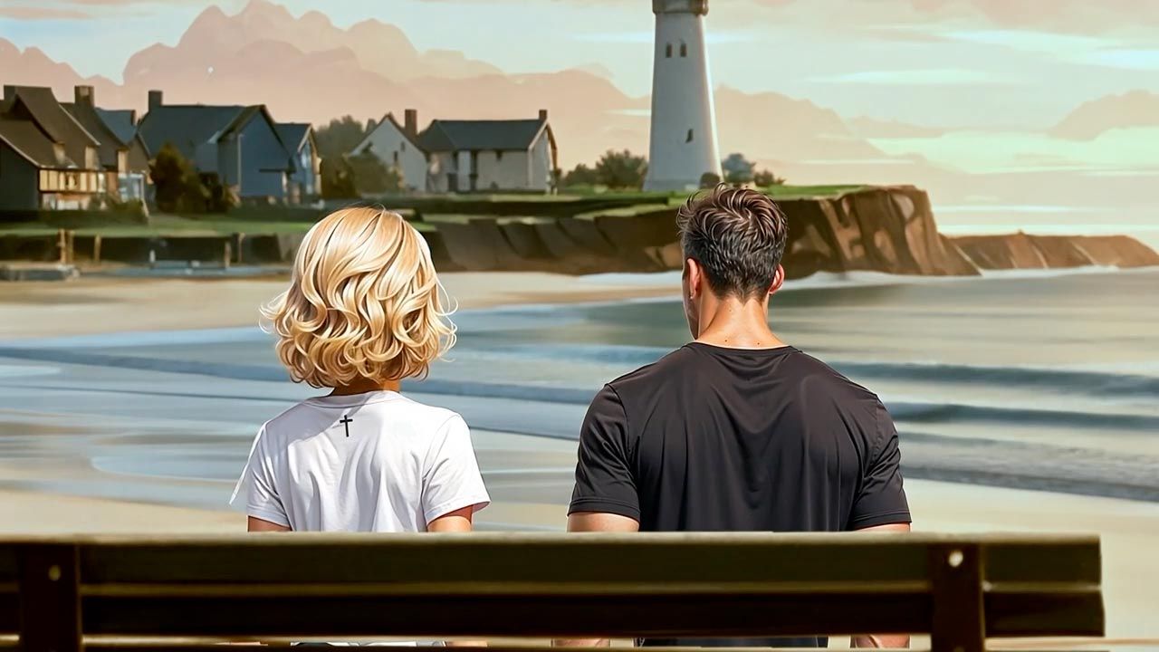 Man and woman seated on a bench overlooking the ocean and a coastal town with a lighthouse.