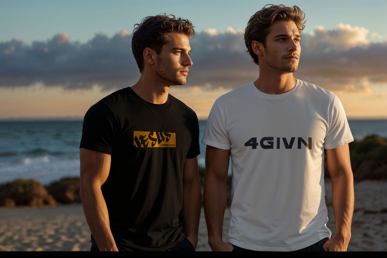 Two men on a beach, one in a black tee with a logo, the other in a white tee with