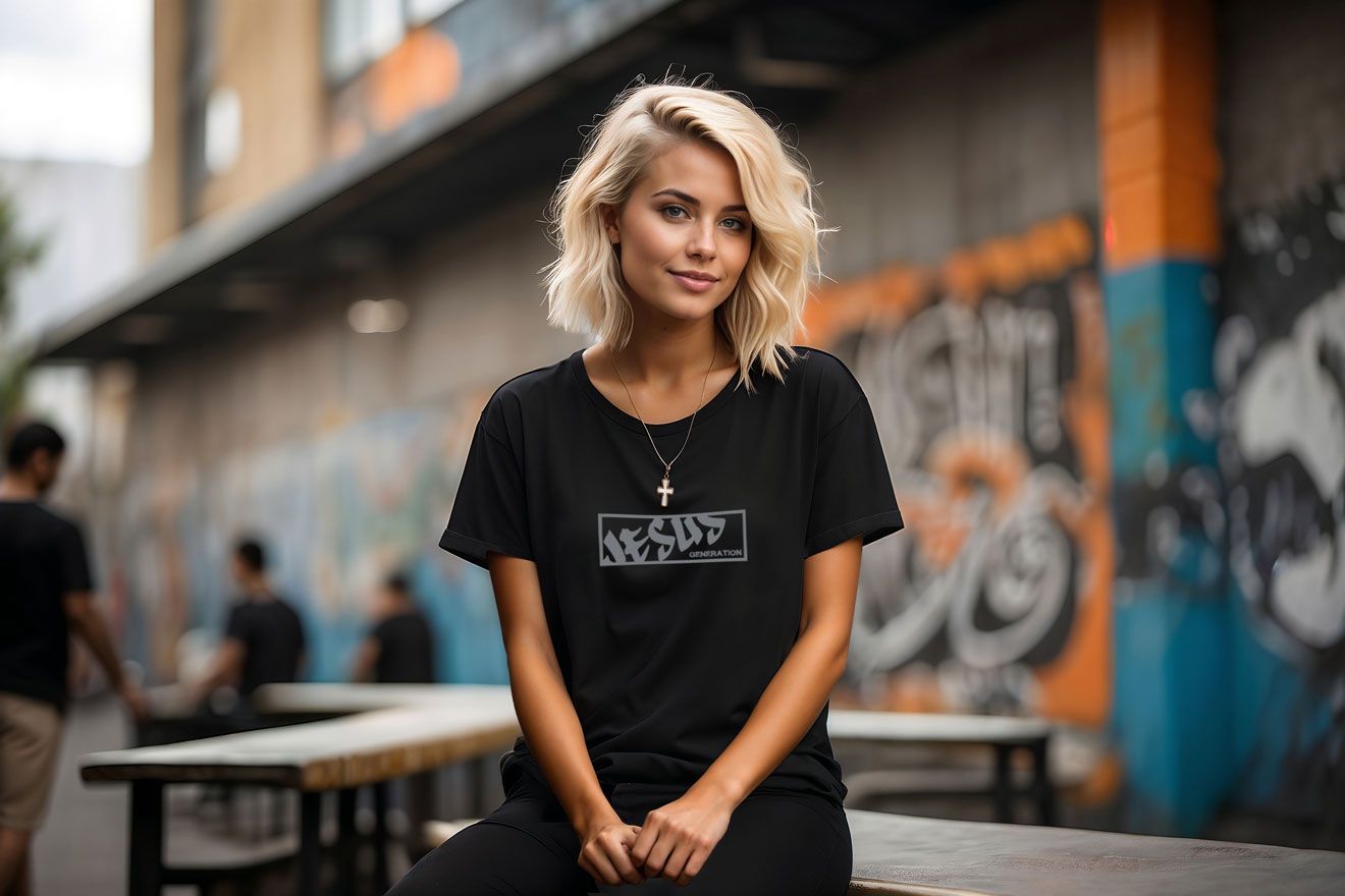 Blonde woman in a black shirt sits on a wooden bench, smiling; graffiti background.