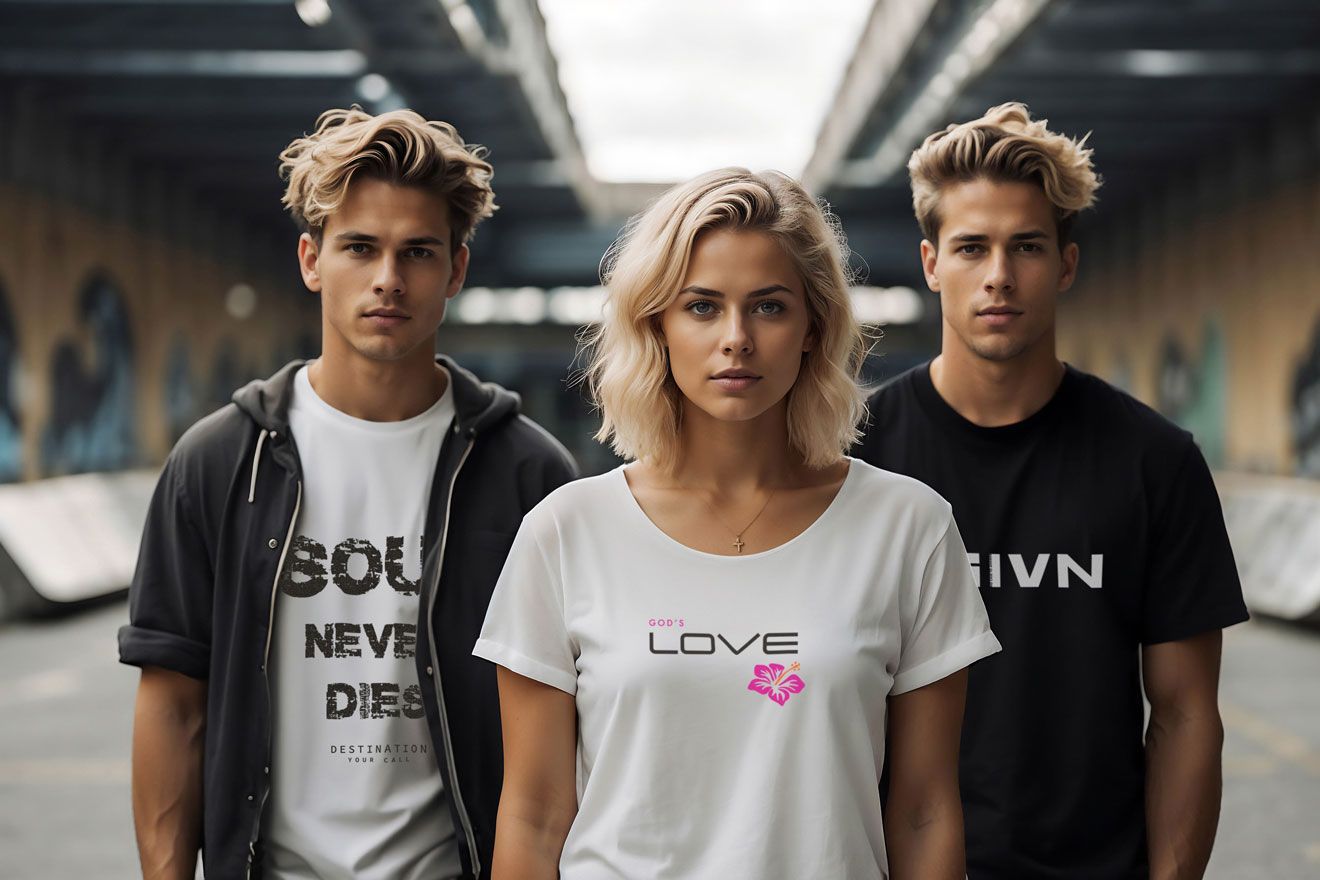 Two blond men and a woman stand in an urban setting. The woman wears a white shirt that says