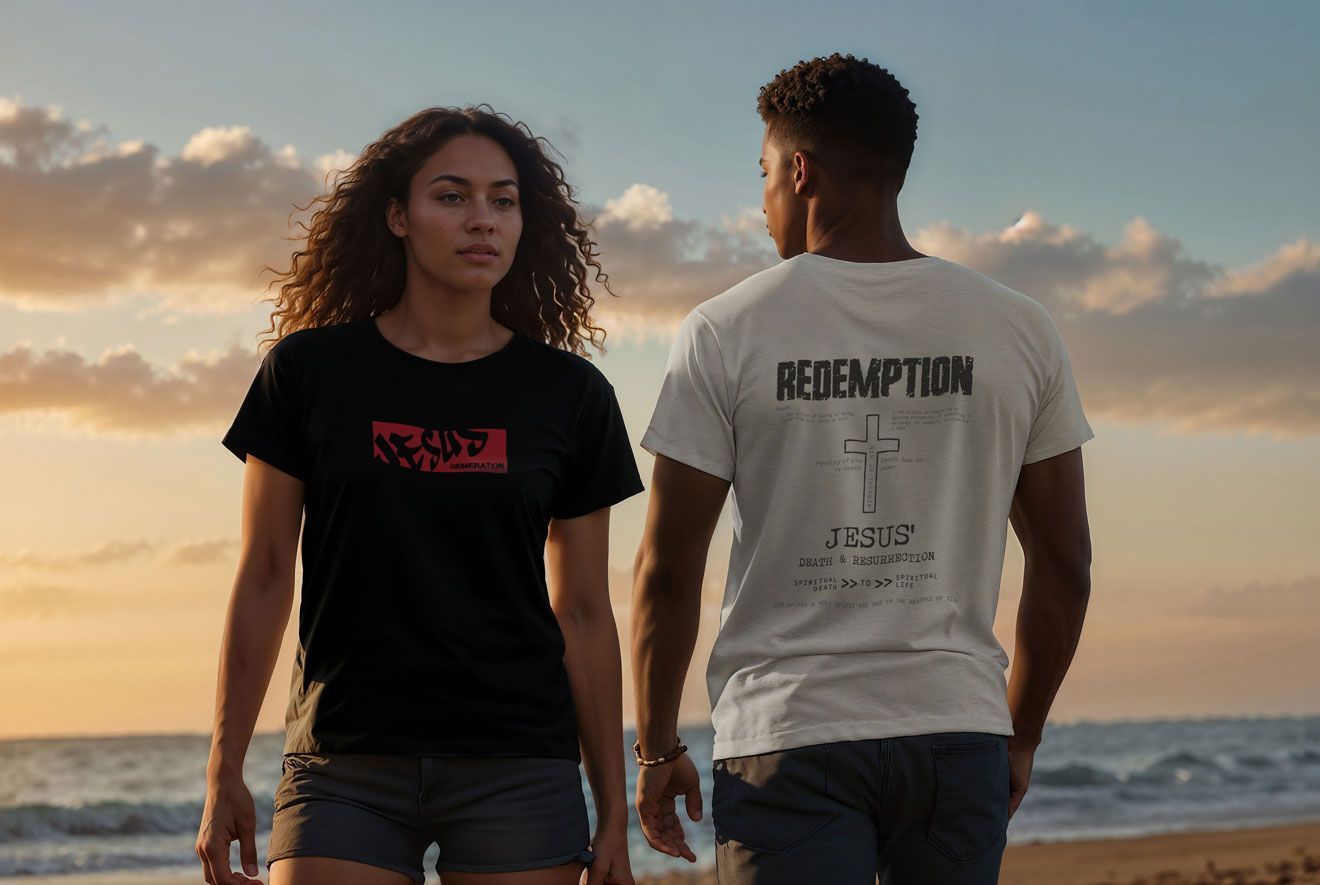 Two people on a beach wearing t-shirts: woman in black, man in white with a cross design. Sunset in background.