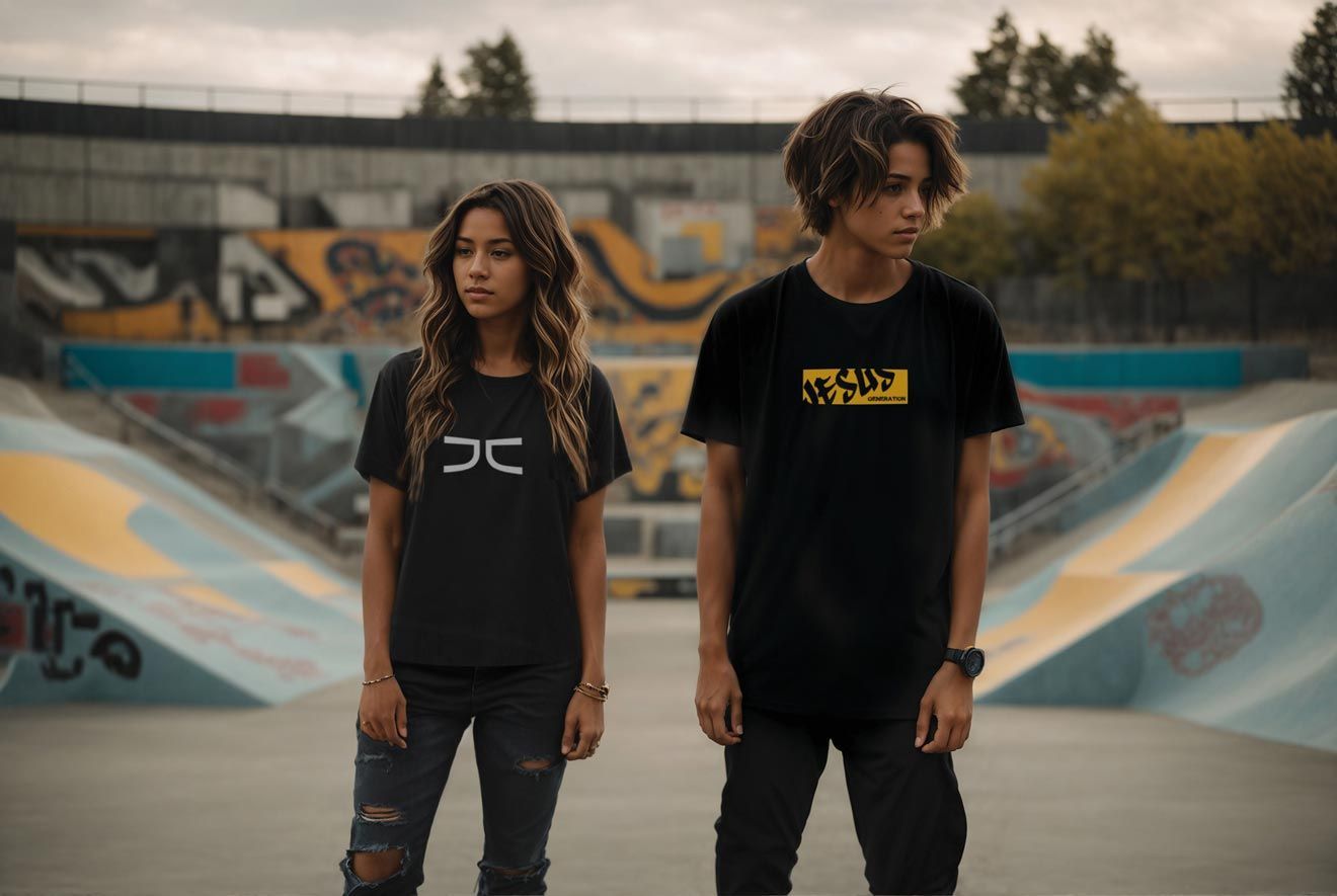 Two teenagers standing at a skatepark. Girl in black shirt and ripped jeans. Boy in black shirt, dark pants.
