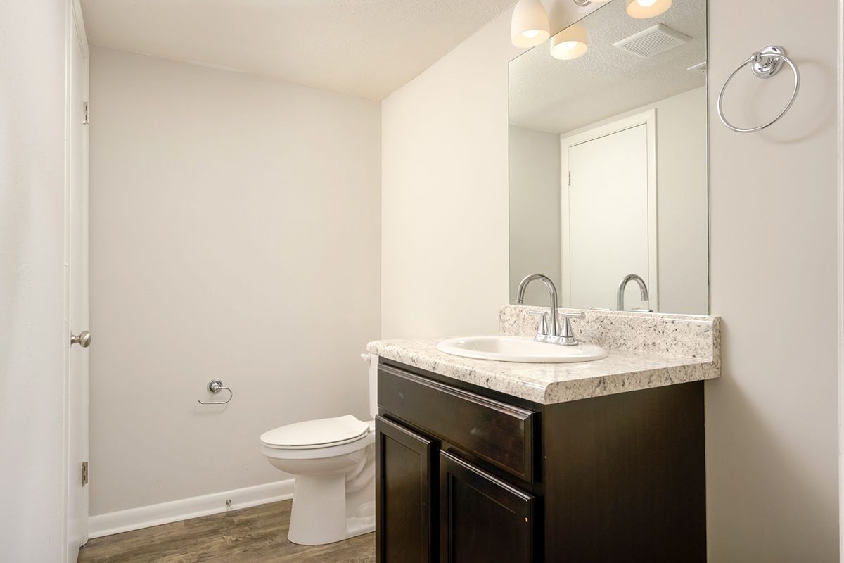 A bathroom featuring a dark wood vanity with a stone countertop, a white toilet, and a mirror in a neutral-toned room.