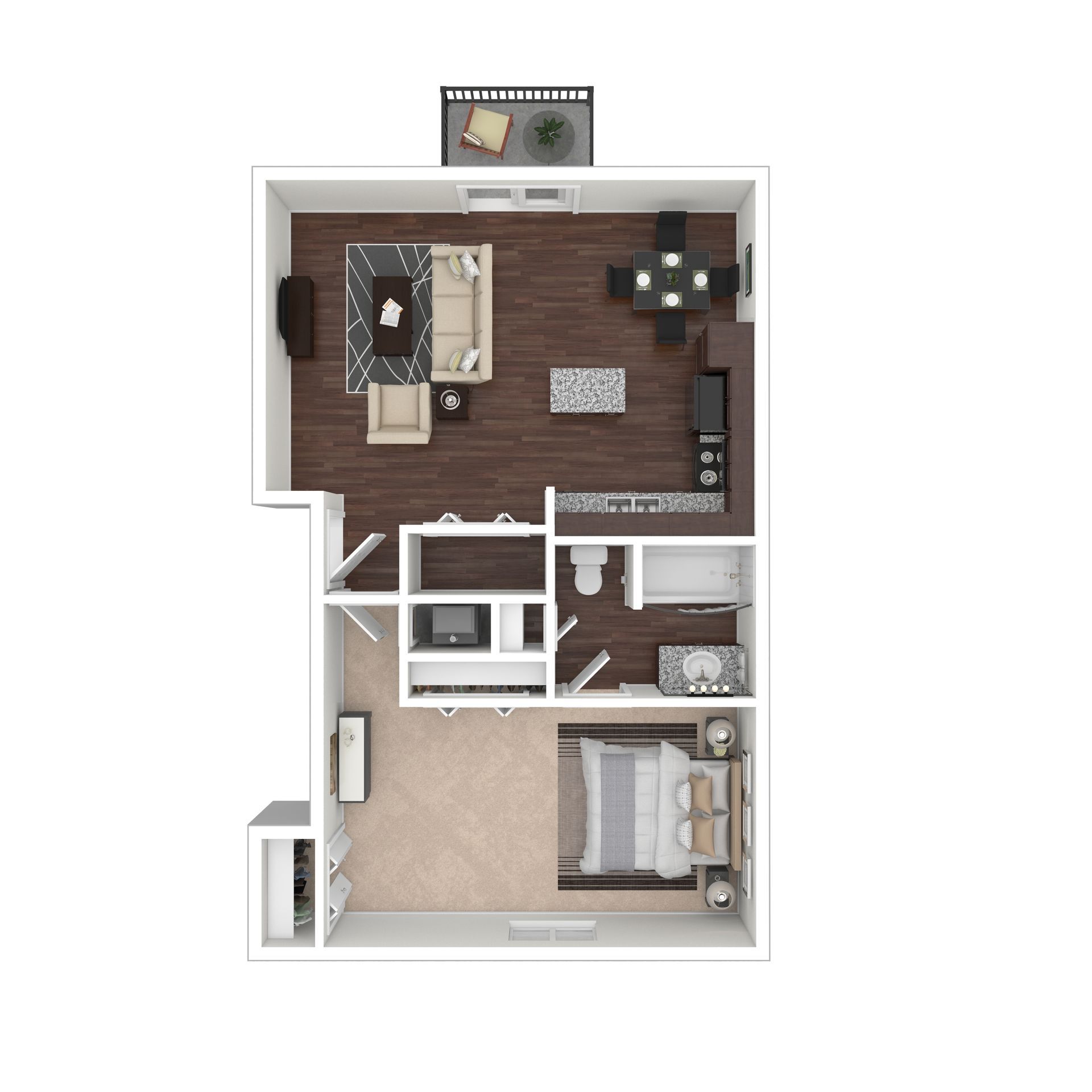 A 3D floor plan of a one-bedroom apartment with a living room, dining area, kitchen, bathroom, and closet space.