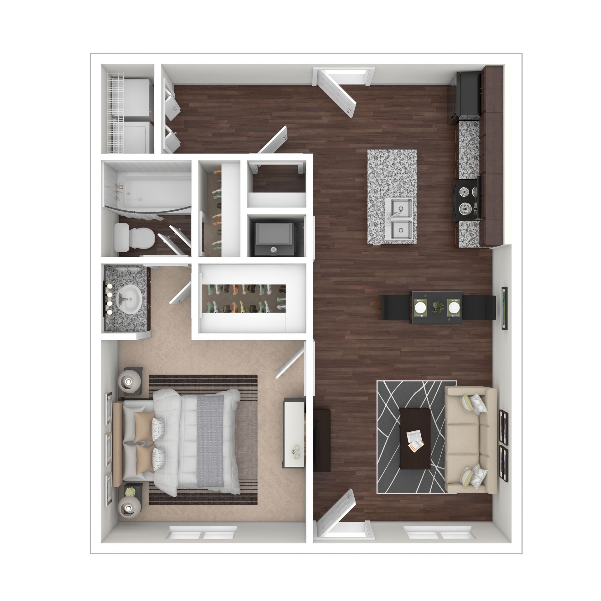 Top-down floor plan of a one-bedroom apartment with an open-concept kitchen, dining, and living area.
