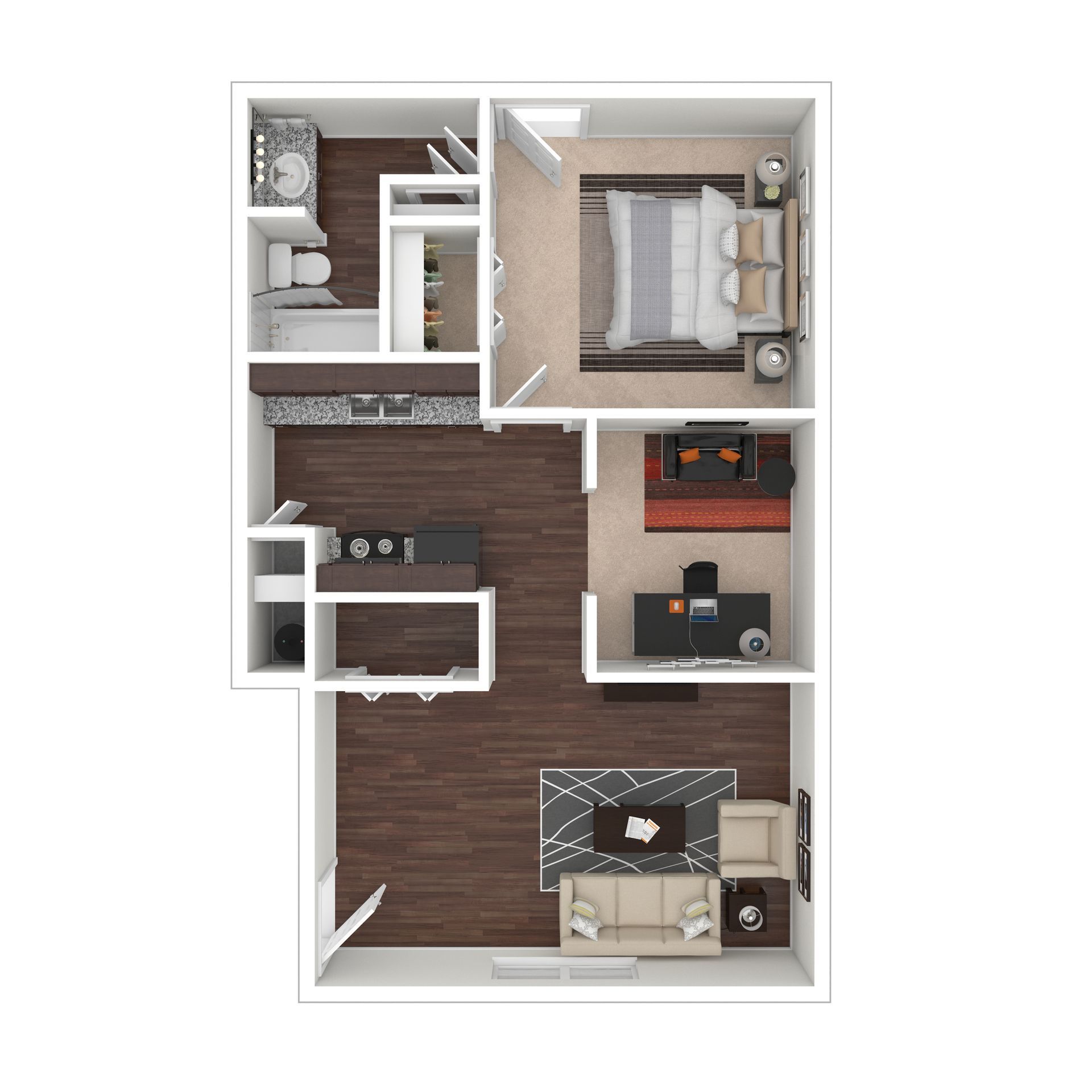 Top-down floor plan of a one-bedroom apartment with a living area, kitchen, bathroom, and bedroom with a walk-in closet.