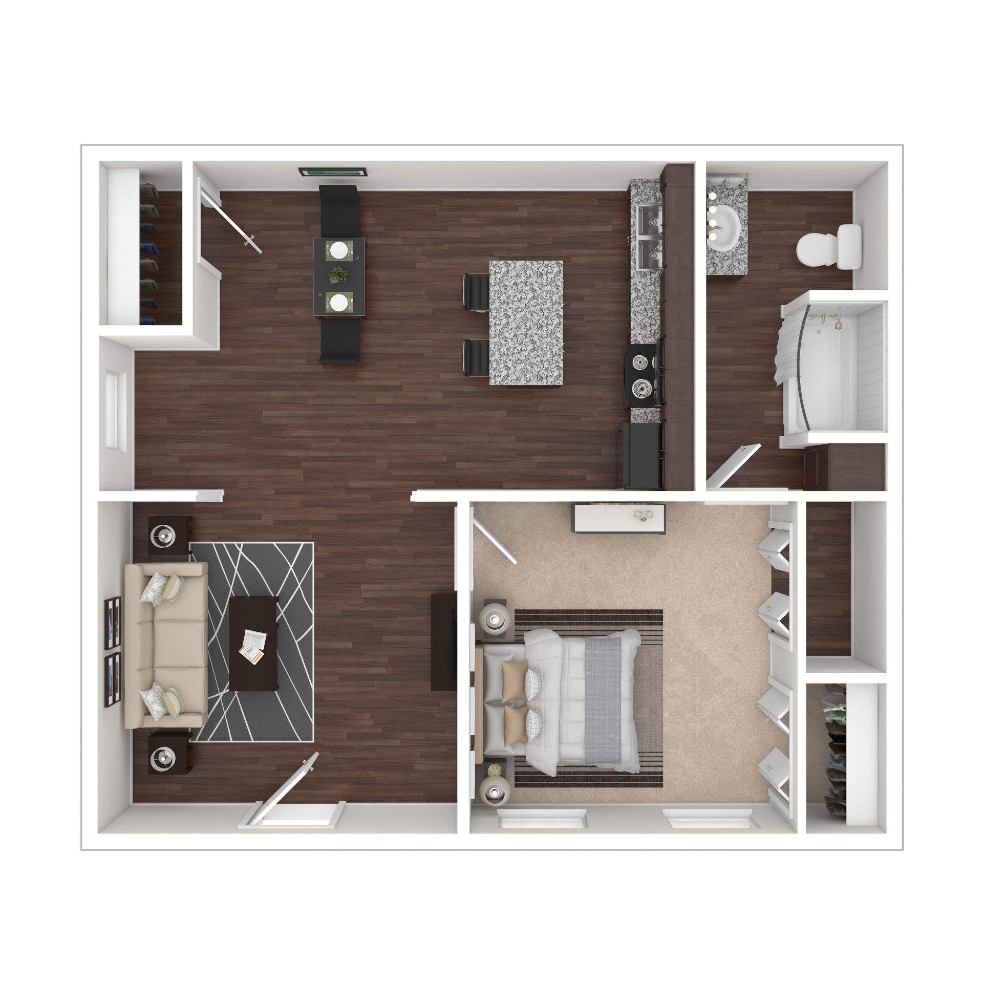 A 2D floor plan for a one-bedroom apartment, showing a living area, kitchen, dining space, bedroom, and bathroom.