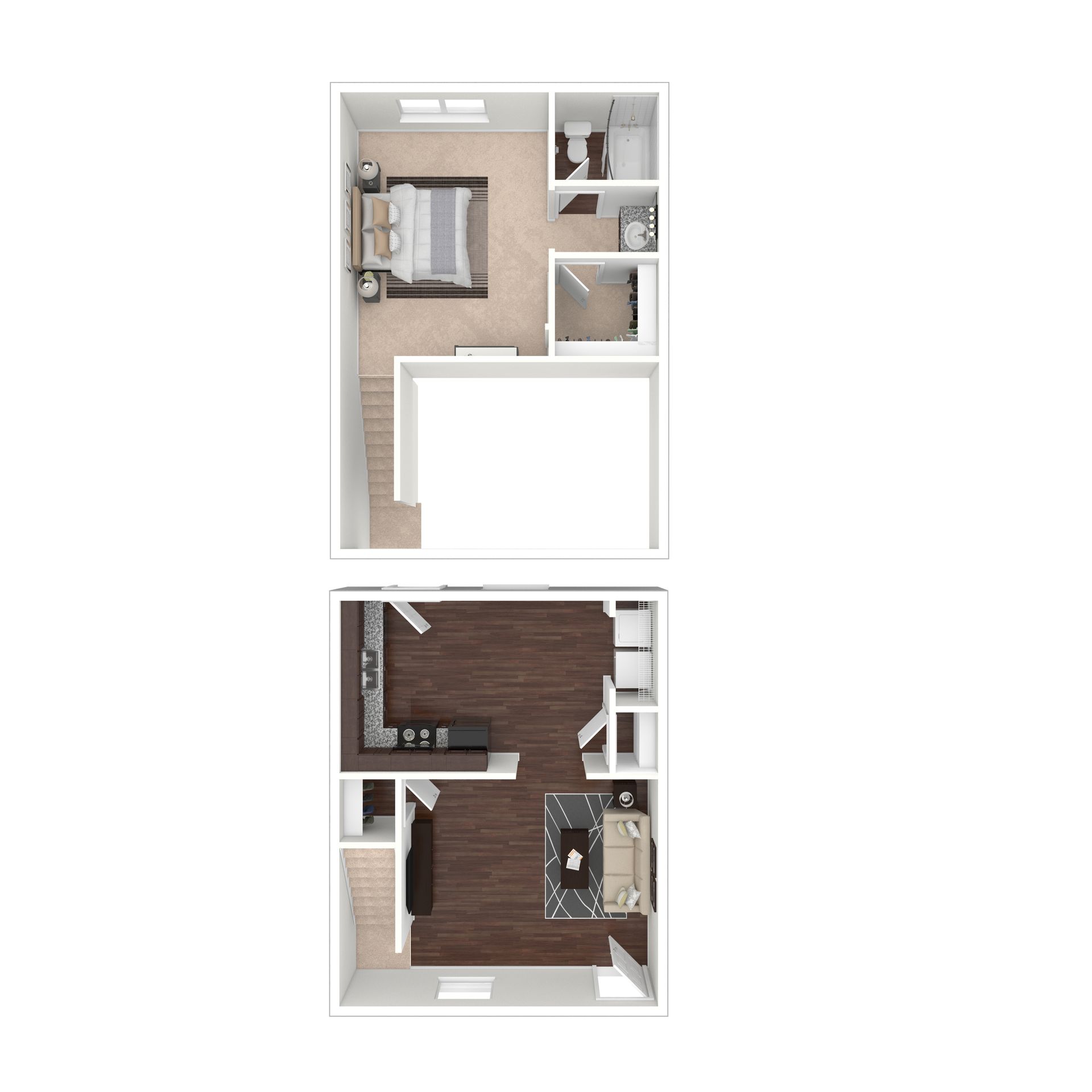 A floor plan showing a two-level apartment layout with a bedroom and bathroom upstairs and living area downstairs.