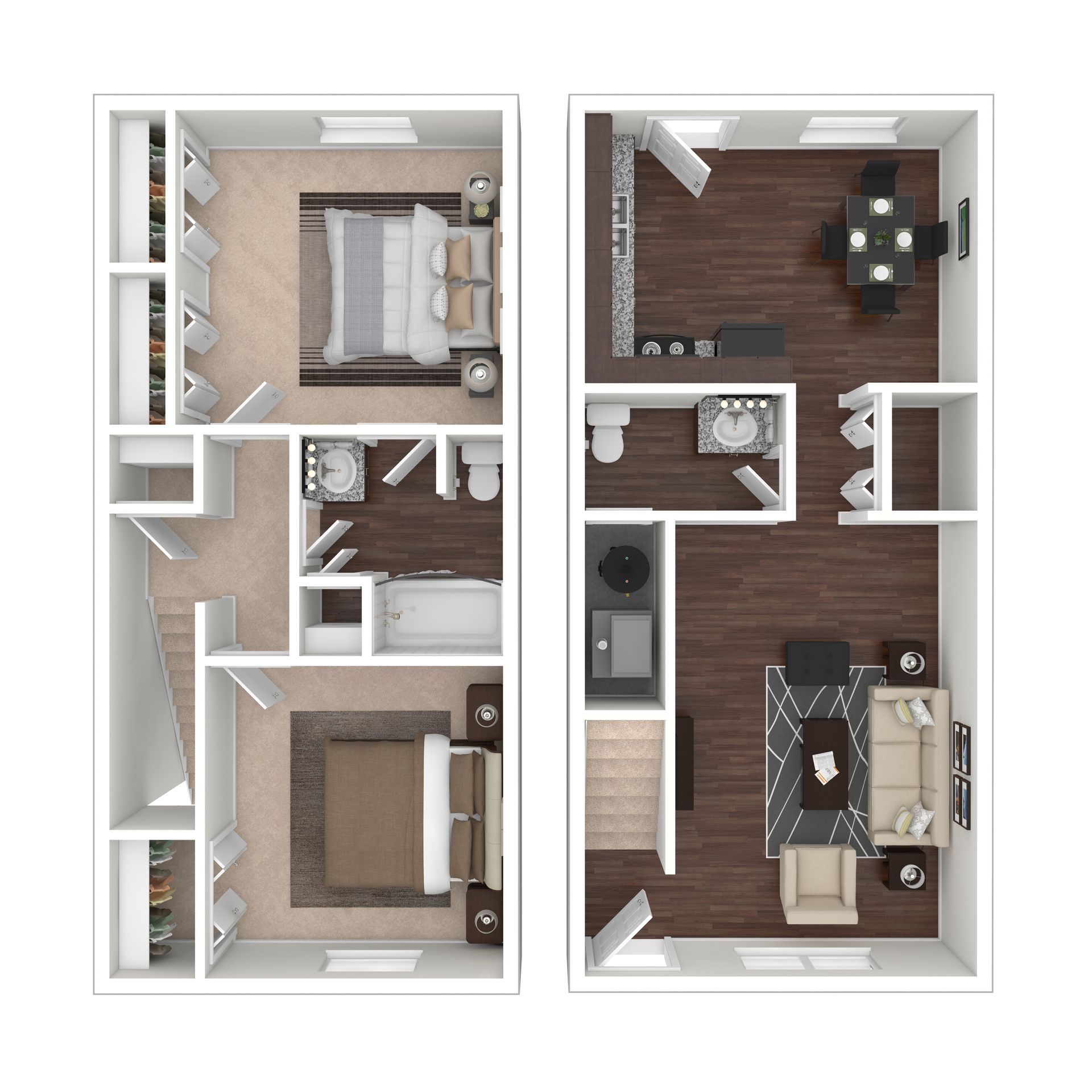 Floor plan of a two-bedroom, one-bathroom apartment with a kitchen, dining area, and living room.