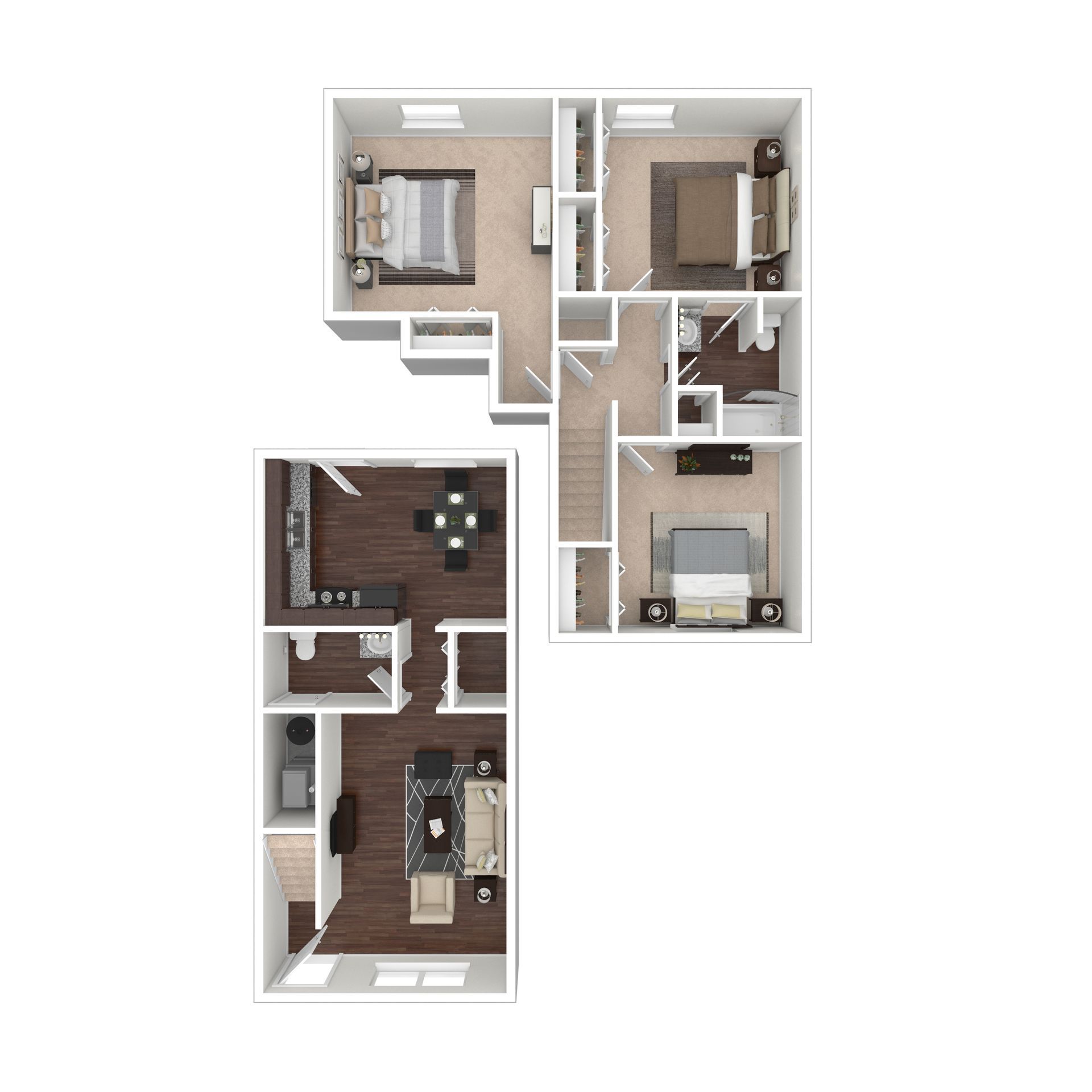 Top-down floor plan showing a two-level apartment with a kitchen, living area, and bedrooms.