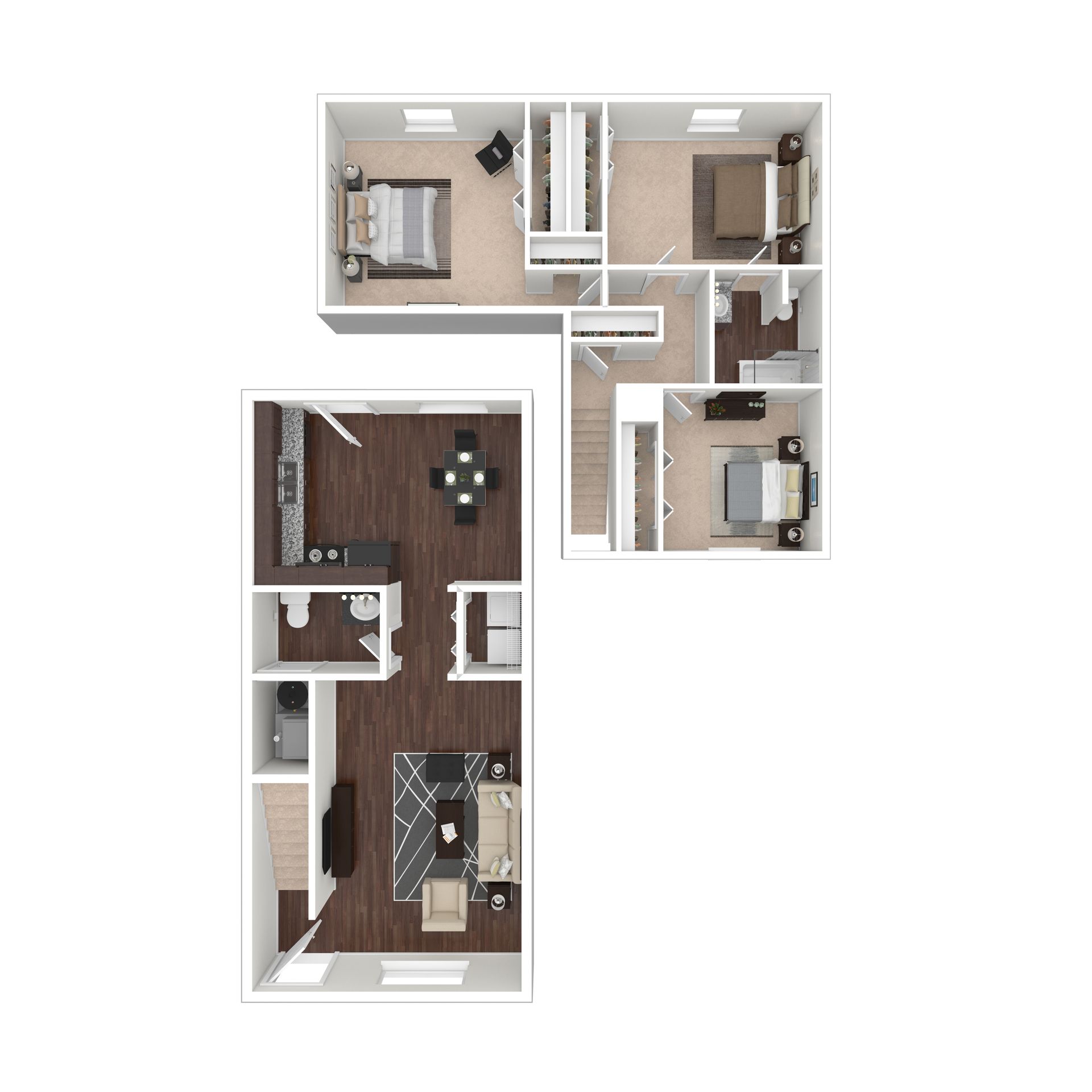 Floor plan of a three-bedroom apartment with a shared living, dining, and kitchen area, plus two bathrooms and a laundry.