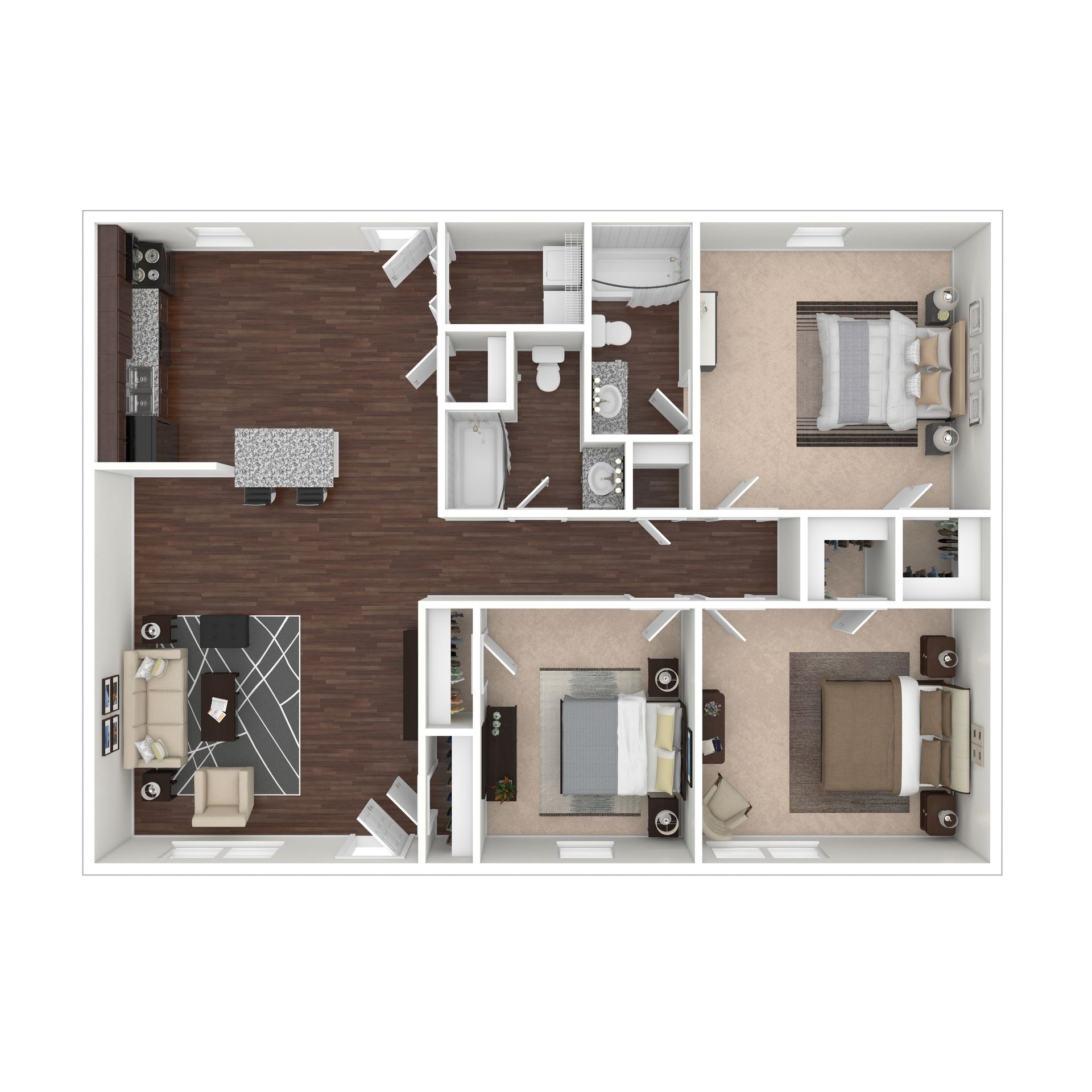 A 3D floor plan for a three-bedroom apartment featuring a living area, kitchen, and two bathrooms.