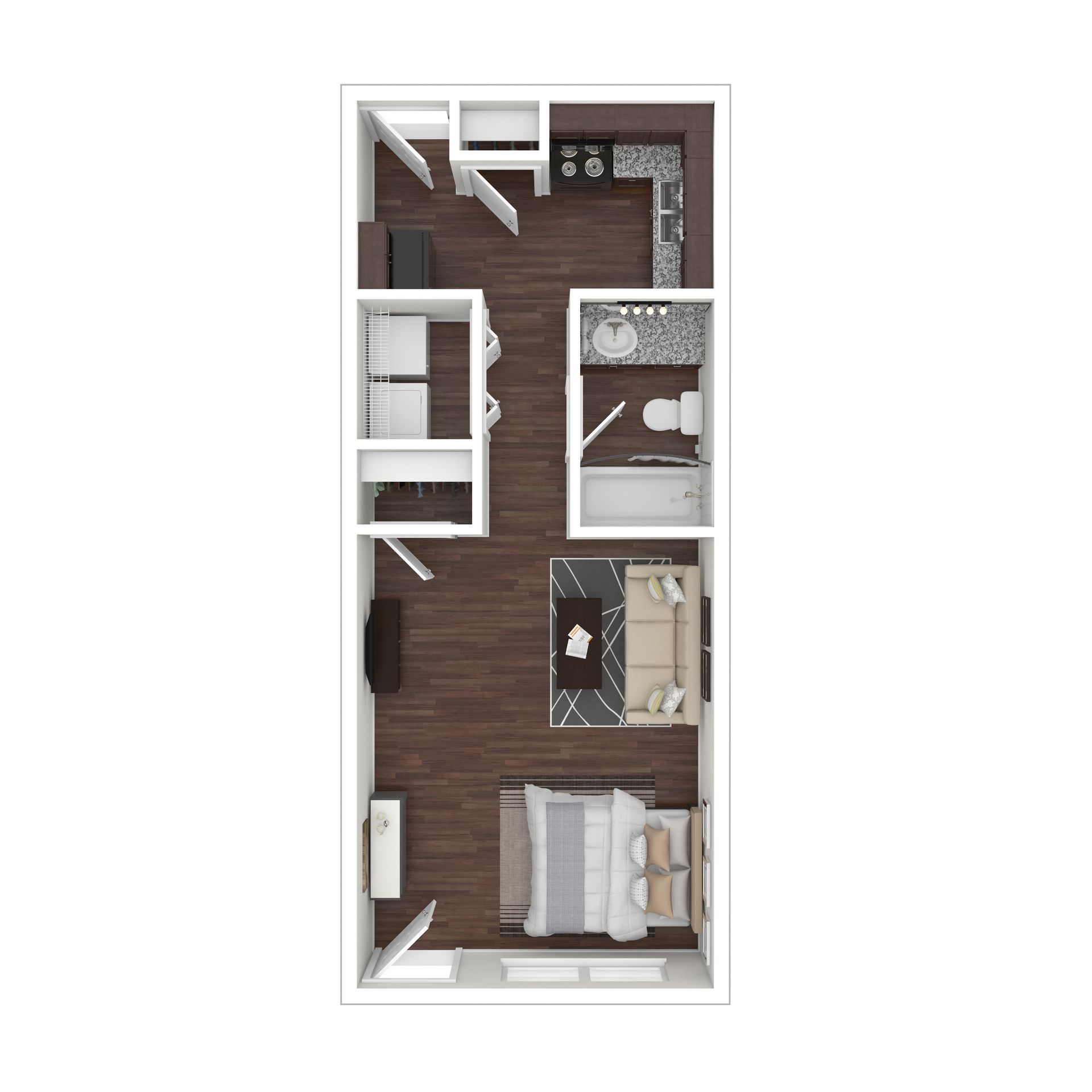 Top-down 3D floor plan of a studio apartment with an open layout, kitchen, bathroom, and combined living/sleeping area.