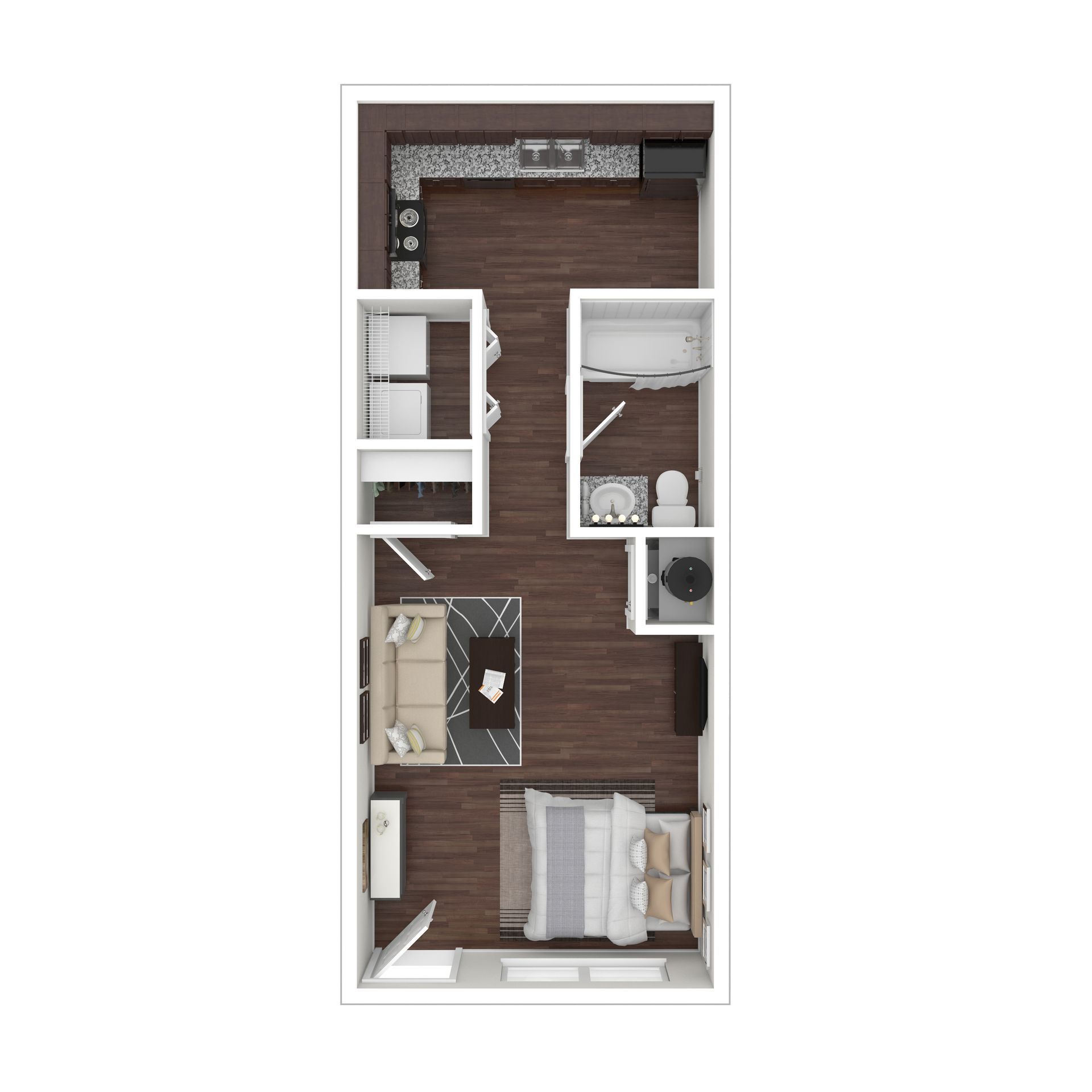 Floor plan of a studio apartment showing a kitchen, bathroom, closet, living area, and sleeping area with wooden floors.