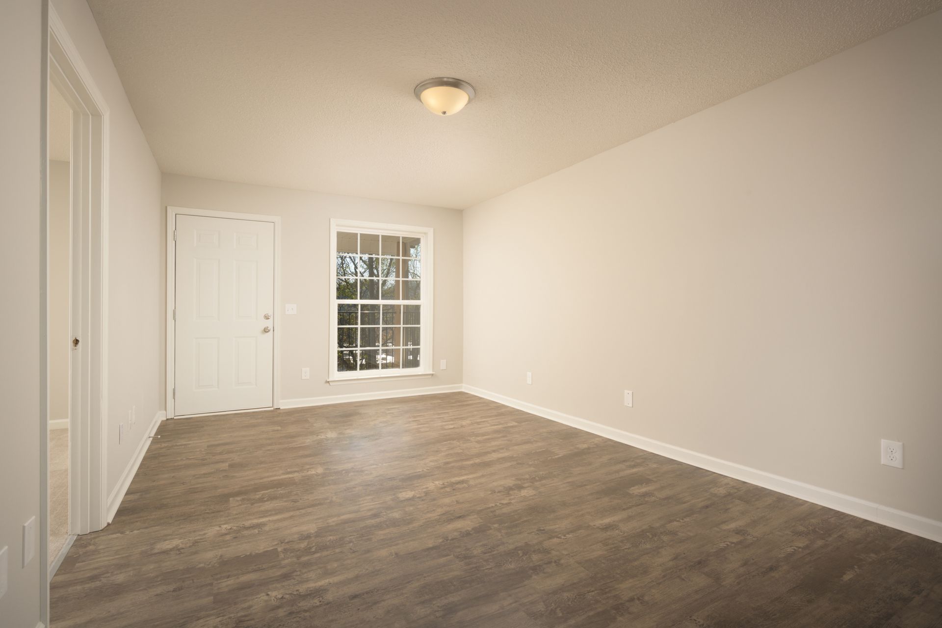 An empty room with neutral walls, wood-look flooring, a large window, a ceiling light, and a white door on the left.