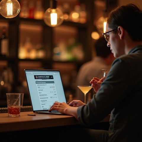 Eine Person sitzt in einer schwach beleuchteten Bar und benutzt einen Laptop; auf dem Tresen stehen ein Cocktail und ein Getränk.