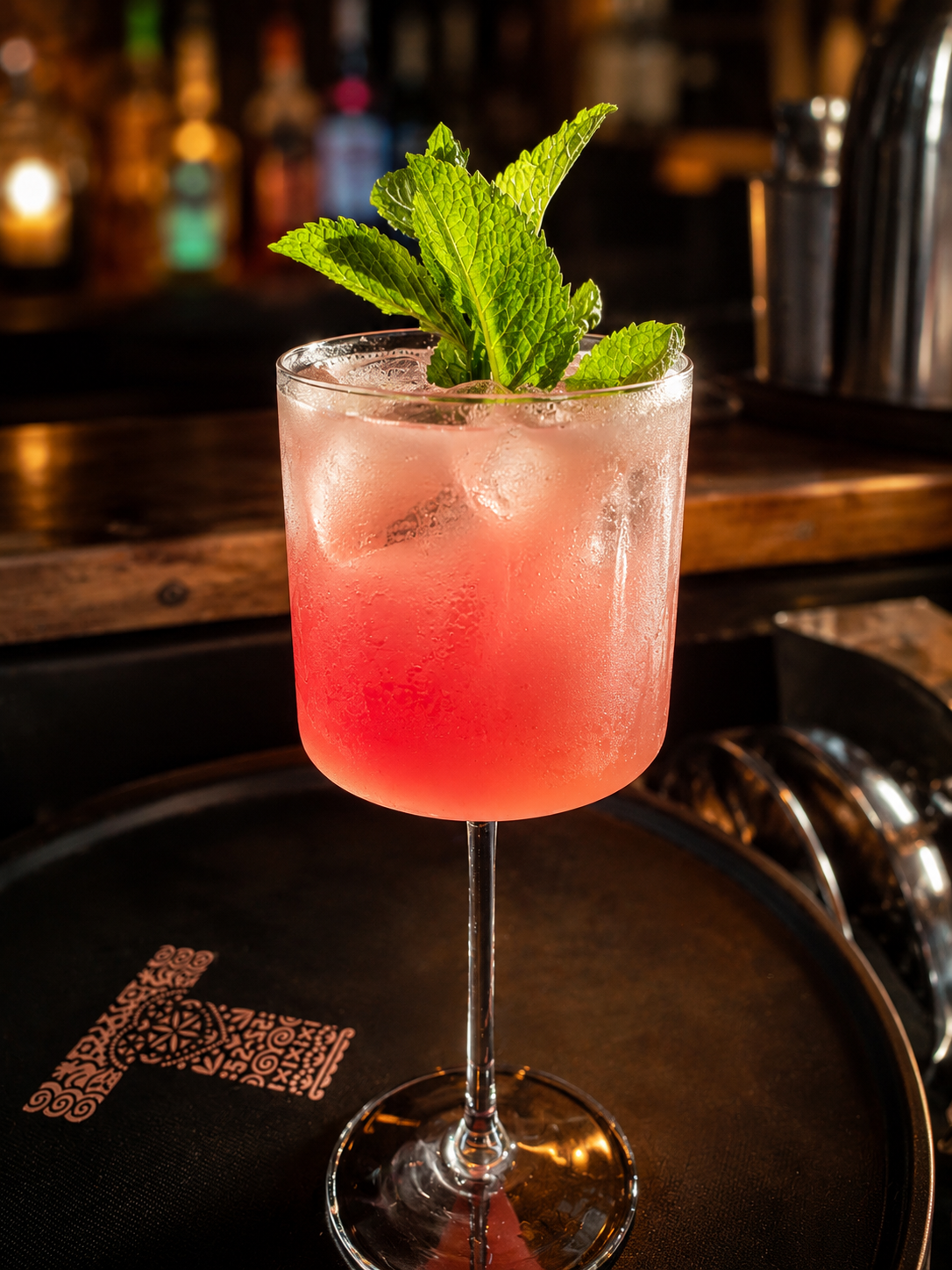 Rosa Cocktail mit frischer Minze auf einem Tablett