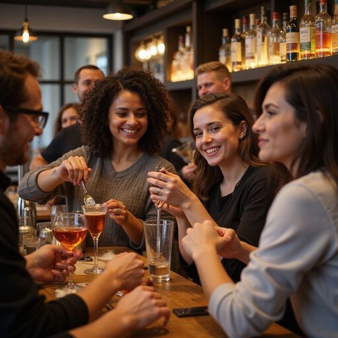 Freunde lachen und stoßen mit Getränken an einer gemütlichen Bar mit warmem Licht an.