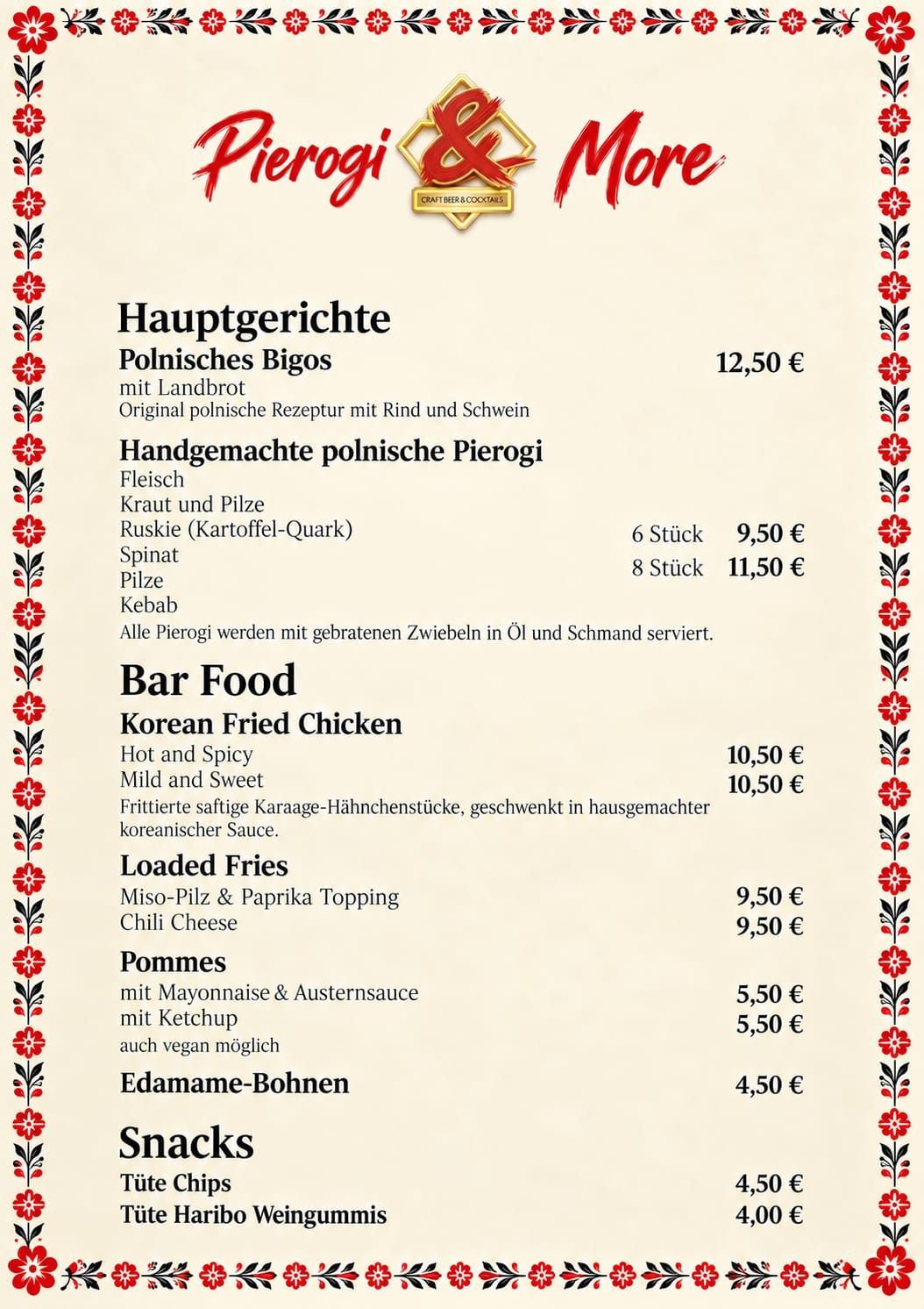 Dock-Bar-Speisekarte: Bigos, handgemachte Pierogi, Korean Fried Chicken, Loaded Fries und Snacks. Pierogi: 6 Stück 9,50 Euro, 8 Stück 11,50 Euro.
