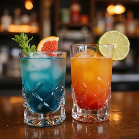Zwei farbenfrohe Cocktails an der Bar, einer blau mit Minze und Grapefruit, einer orangerot mit einer Limettenscheibe