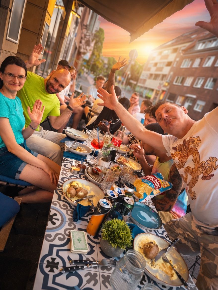 Gäste genießen gemeinsam einen Abend auf der Terrasse der Dock Bar
