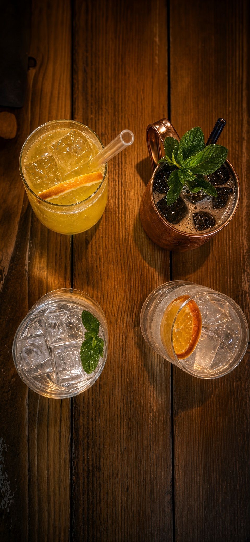 Vier unterschiedliche Drinks auf einem Holztisch in der Dock Bar