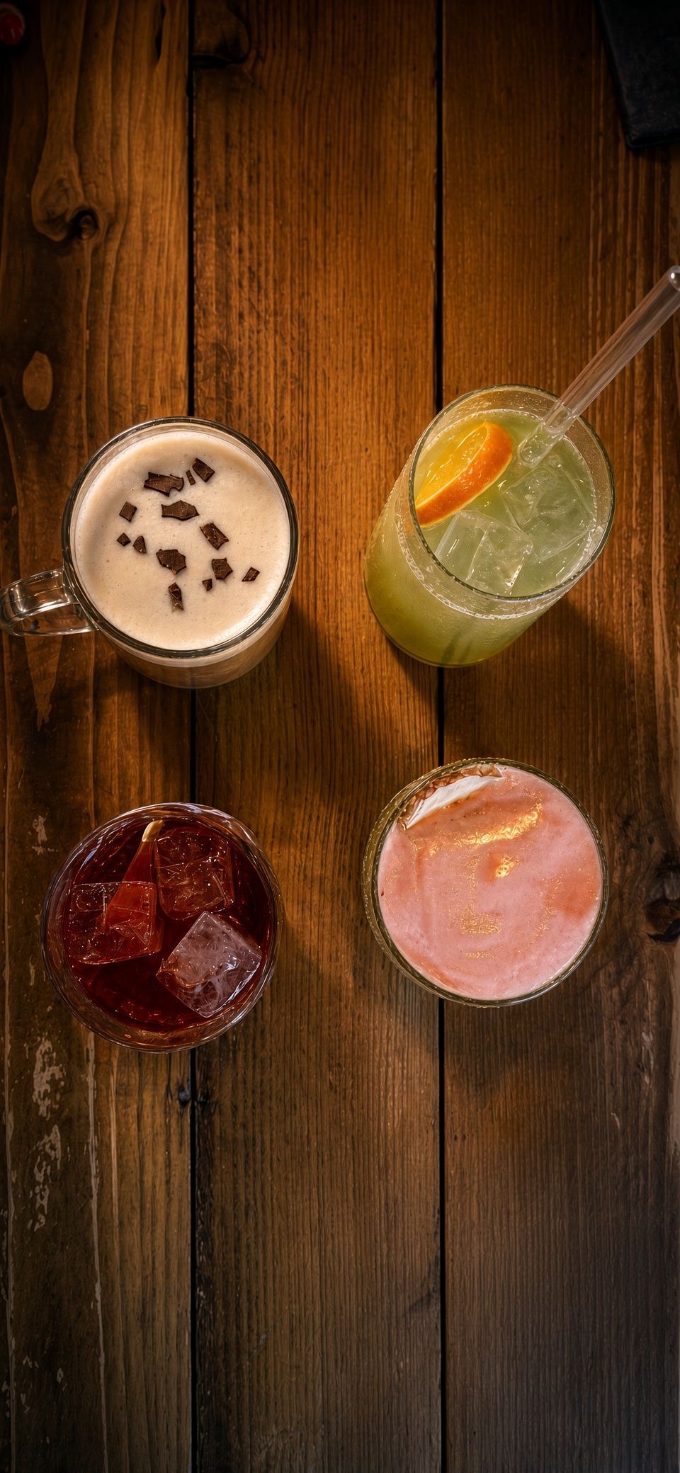 Vier unterschiedliche Cocktails auf einem Holztisch in der Dock Bar